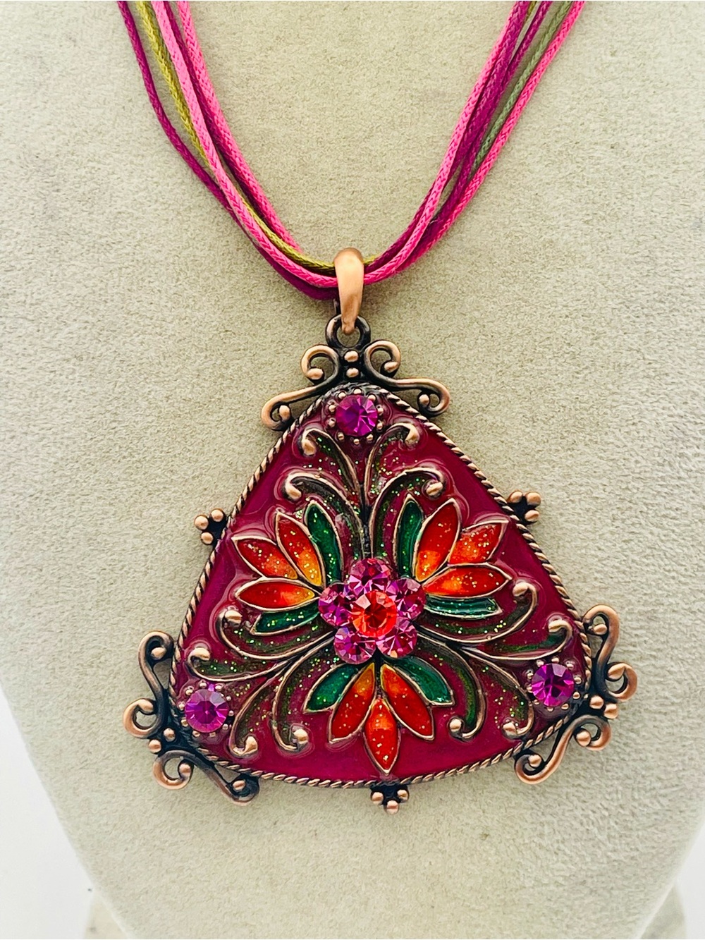 Vibrant Pink Multi Strand Multicolor Floral Triangular Pendant Necklace. 16 inch - Picture 2 of 6